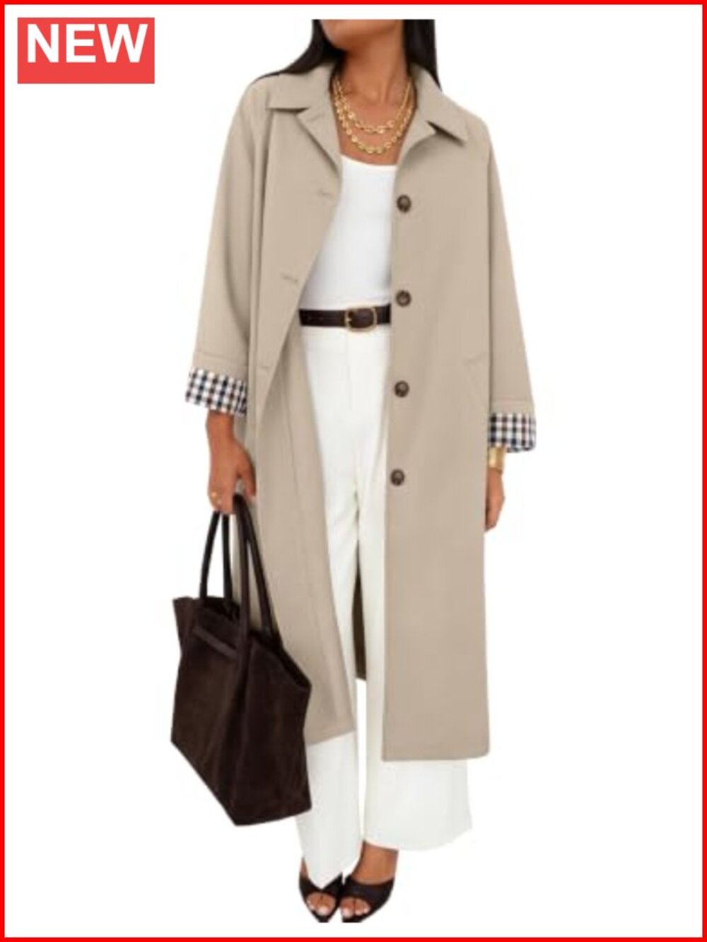 Oversized Single Breasted Windproof Trench Coat with Plaid Lining